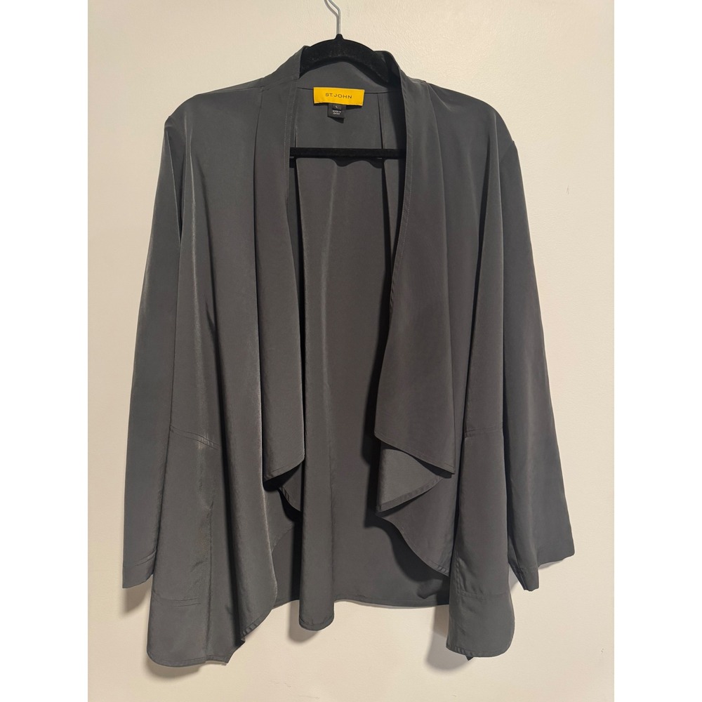 St John Womens Charcoal Grey Draped Open Front Zip Pocket Jacket Coat Career L